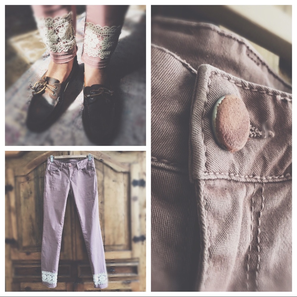 OOAK Artisan Reworked Mauve Skinny Jeans | Raw Hem & Cotton Lace | 7 - Picture 2 of 8